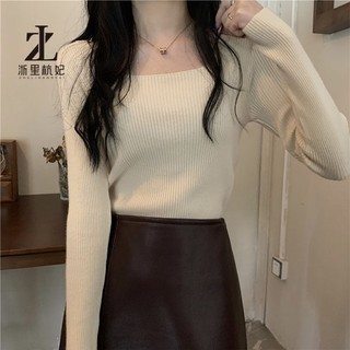 Áo kiểu dệt kim ZHELIHANGFEI tay dài cổ vuông ôm dáng vừa vặn dễ phối đồ phong cách phương Tây