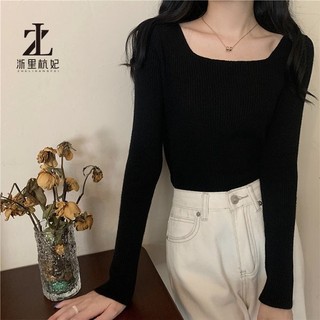 Áo kiểu dệt kim ZHELIHANGFEI tay dài cổ vuông ôm dáng vừa vặn dễ phối đồ phong cách phương Tây