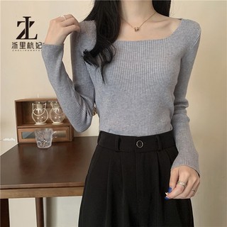 Áo kiểu dệt kim ZHELIHANGFEI tay dài cổ vuông ôm dáng vừa vặn dễ phối đồ phong cách phương Tây