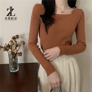 Áo kiểu dệt kim ZHELIHANGFEI tay dài cổ vuông ôm dáng vừa vặn dễ phối đồ phong cách phương Tây