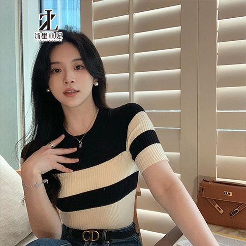 ZHELIHANGFEI Áo len dệt kim dệt kim nữ tay ngắn cạp cao tính thời trang ngọt ngào