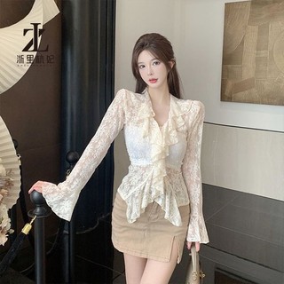 ZHELIHANGFEI Áo Kiểu Tay Dài Cổ Chữ V Phối Ren Phong Cách Quyến Rũ