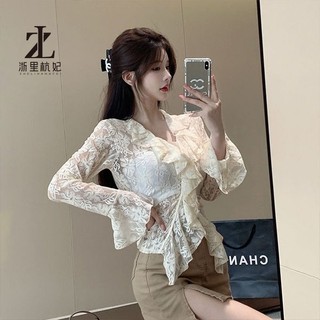 ZHELIHANGFEI Áo Kiểu Tay Dài Cổ Chữ V Phối Ren Phong Cách Quyến Rũ