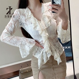 ZHELIHANGFEI Áo Kiểu Tay Dài Cổ Chữ V Phối Ren Phong Cách Quyến Rũ