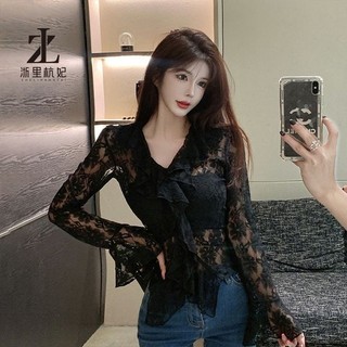 ZHELIHANGFEI Áo Kiểu Tay Dài Cổ Chữ V Phối Ren Phong Cách Quyến Rũ