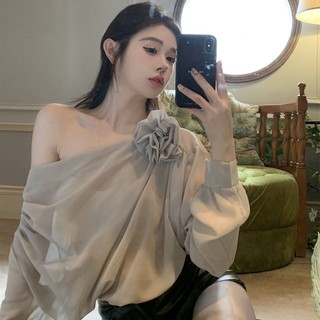 Áo Sơ Mi Voan Nữ Màu Trơn 3D Hoa Xù Vai Dài Tay Áo Mùa Xuân Thu Thường Ngày Áo Dạo Phố