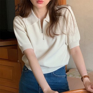 Áo thun dệt kim ZHELIHANGFEI tay ngắn cổ bẻ có khóa kéo dễ phối đồ thời trang cho nữ