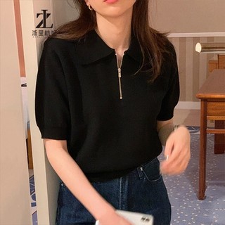 Áo thun dệt kim ZHELIHANGFEI tay ngắn cổ bẻ có khóa kéo dễ phối đồ thời trang cho nữ