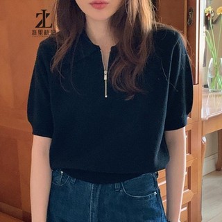 Áo thun dệt kim ZHELIHANGFEI tay ngắn cổ bẻ có khóa kéo dễ phối đồ thời trang cho nữ