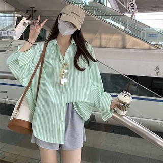 Áo sơ mi ZHELIHANGFEI tay dài chống nắng dáng rộng họa tiết kẻ sọc phong cách thời trang