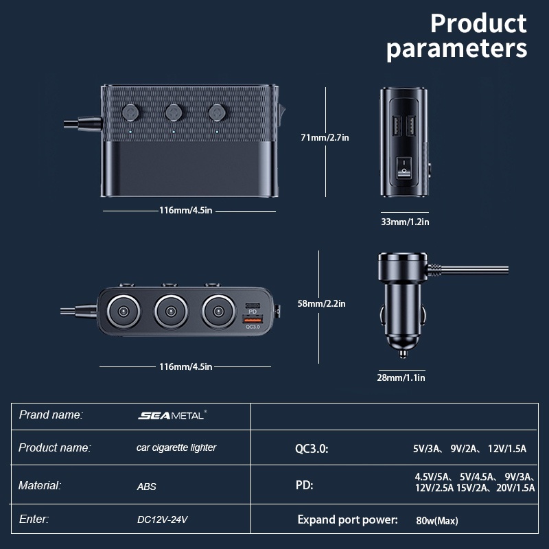 Bộ chia tẩu và sạc nhanh trên ô tô C28, Hỗ trợ sạc nhanh Type-C 30W, QC3.0