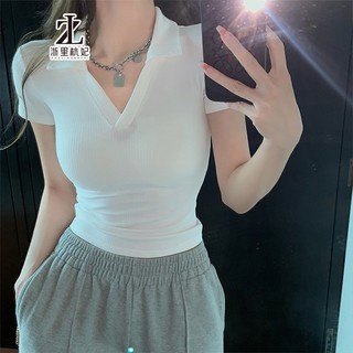 ZHELIHANGFEI Áo Thun Nữ Ngắn Tay Cổ Chữ V Lưng Cao Thời Trang