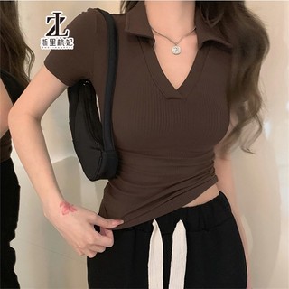 ZHELIHANGFEI Áo Thun Nữ Ngắn Tay Cổ Chữ V Lưng Cao Thời Trang