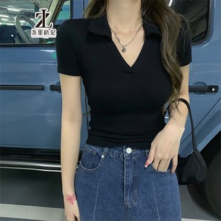 ZHELIHANGFEI Áo Thun Nữ Ngắn Tay Cổ Chữ V Lưng Cao Thời Trang