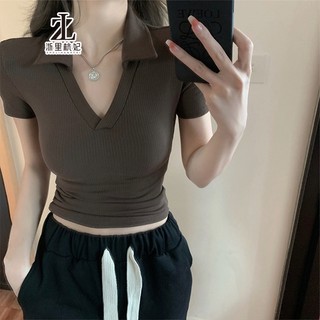 ZHELIHANGFEI Áo Thun Nữ Ngắn Tay Cổ Chữ V Lưng Cao Thời Trang