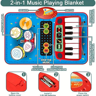 Thảm Nhạc 2 Trong 1 Hình Đàn Piano Với 2 Gậy Đánh Trống Cho Bé 1 / 2 / 3 Tuổi