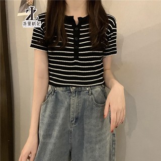 Áo dệt kim ZHELIHANGFEI ngắn tay kẻ sọc thời trang