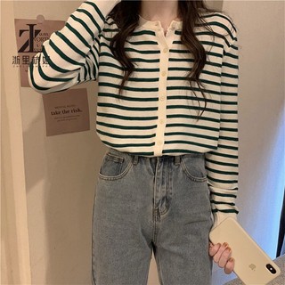 Áo khoác cardigan ZHELIHANGFEI dệt kim dài tay kẻ sọc ngang thời trang Hàn Quốc 6 màu lựa chọn cho nữ