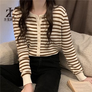 Áo khoác cardigan ZHELIHANGFEI dệt kim dài tay kẻ sọc ngang thời trang Hàn Quốc 6 màu lựa chọn cho nữ