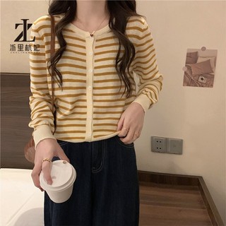 Áo khoác cardigan ZHELIHANGFEI dệt kim dài tay kẻ sọc ngang thời trang Hàn Quốc 6 màu lựa chọn cho nữ
