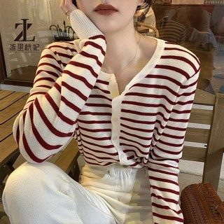 Áo khoác cardigan ZHELIHANGFEI dệt kim dài tay kẻ sọc ngang thời trang Hàn Quốc 6 màu lựa chọn cho nữ