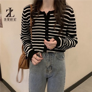 Áo khoác cardigan ZHELIHANGFEI dệt kim dài tay kẻ sọc ngang thời trang Hàn Quốc 6 màu lựa chọn cho nữ