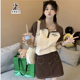 Áo thun croptop ZHELIHANGFEI tay ngắn cổ polo in chữ phong cách vintage Mỹ tùy chọn màu sắc
