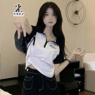 Áo thun croptop ZHELIHANGFEI tay ngắn cổ polo in chữ phong cách vintage Mỹ tùy chọn màu sắc