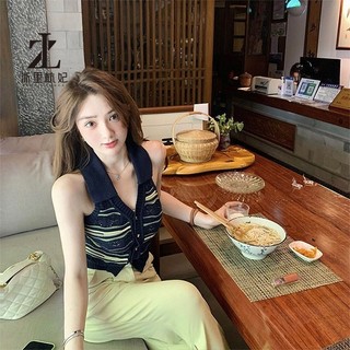 Áo kiểu ZHELIHANGFEI vải dệt kim không tay cổ polo họa tiết kẻ sọc thời trang