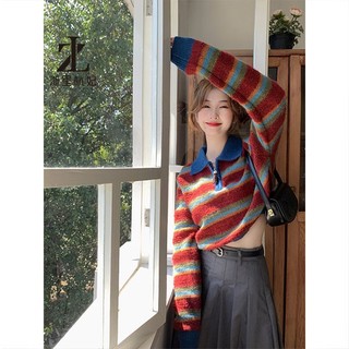 ZHELIHANGFEI Áo Sweater Cổ POLO Lưng Cao Dáng Rộng Họa Tiết Kẻ Sọc Phong Cách Retro Cao Cấp