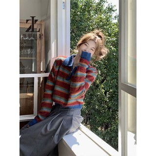 ZHELIHANGFEI Áo Sweater Cổ POLO Lưng Cao Dáng Rộng Họa Tiết Kẻ Sọc Phong Cách Retro Cao Cấp