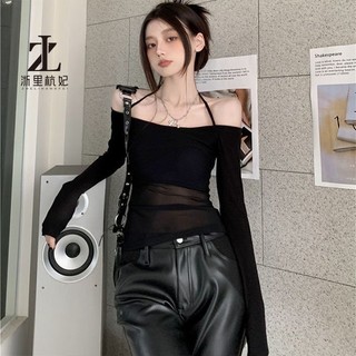 ZHELIHANGFEI Áo Croptop Thun Tay Dài Dáng Ôm Hở Vai Chống Nắng Màu Đen Thời Trang Quyến Rũ Cho Nữ