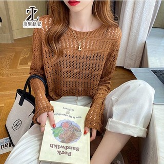 ZHELIHANGFEI Áo len lưới Dệt Kim Cổ Tròn Mỏng Thời Trang Mùa Hè Phong Cách Hàn Quốc Dành Cho Nữ