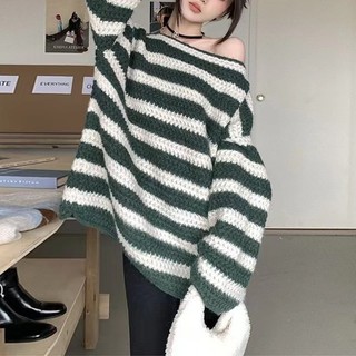 Áo Len Nữ Dài Tay Cổ Tròn Sọc Ngang Thời Trang Hàn