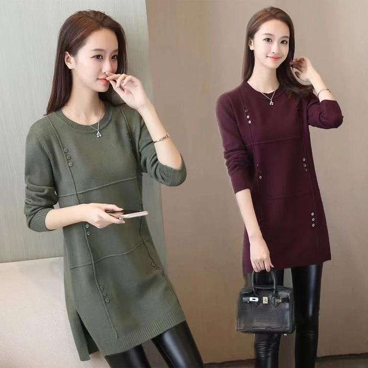 【Hàng có sẵn, Hot trend mùa lạnh】Váy len dài trung dài Mùa Thu Đông - Áo len dài tay kiểu Hàn Quốc thoải mái, Áo len rộng cỡ lớn, Áo len cổ cao, Áo len nữ.