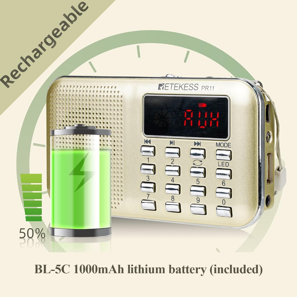 Ảnh Radio Kỹ Thuật Số Retekess PR11 FM AM Kèm Máy Nghe Nhạc MP3 Màu Đỏ Hoặc Vàng Kèm Màn Hình Hiển Thị 3