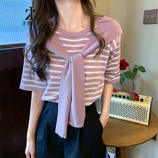 ZHELIHANGFEI Áo Thun Ngắn Tay Giả Hai Lớp Kèm Khăn Choàng Thời Trang Xuân Hè Cho Nữ