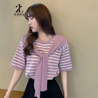ZHELIHANGFEI Áo Thun Ngắn Tay Giả Hai Lớp Kèm Khăn Choàng Thời Trang Xuân Hè Cho Nữ