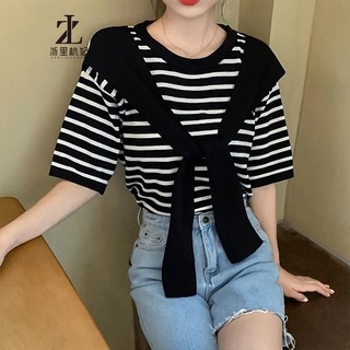 ZHELIHANGFEI Áo Thun Ngắn Tay Giả Hai Lớp Kèm Khăn Choàng Thời Trang Xuân Hè Cho Nữ