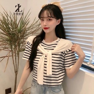 ZHELIHANGFEI Áo Thun Ngắn Tay Giả Hai Lớp Kèm Khăn Choàng Thời Trang Xuân Hè Cho Nữ