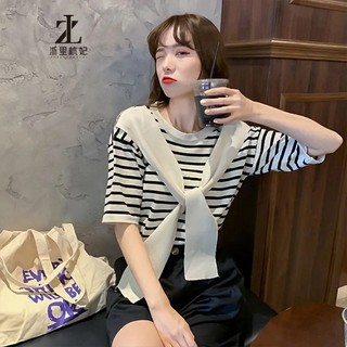 ZHELIHANGFEI Áo Thun Ngắn Tay Giả Hai Lớp Kèm Khăn Choàng Thời Trang Xuân Hè Cho Nữ