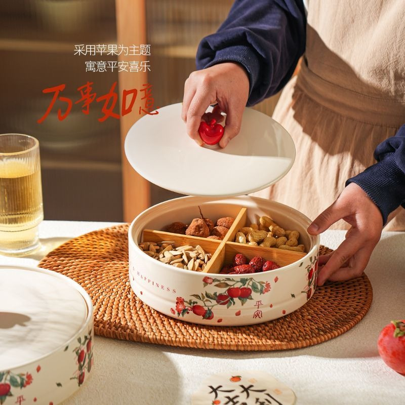 2025 Mới Gốm Sứ Trung Quốc Đĩa Trái Cây Phòng Khách Bàn Cà Phê Chống Bụi Món Ăn Nhẹ Năm Mới Lưới Hạt Hộp Lễ Hội Khô Hộp Trái Cây Phân Vùng CandyTray Chống Bụi Hộp Bảo Quản Màu Đỏ