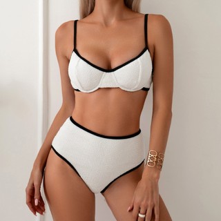 Đồ bơi nữ màu trắng xoắn dệt dưới dây đẩy lên Đồ bơi Bikini hai mảnh