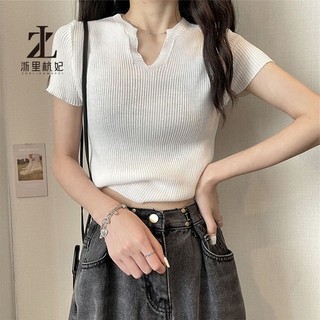 Áo dệt kim ZHELIHANGFEI ngắn tay cổ chữ V ôm dáng xinh xắn thời trang