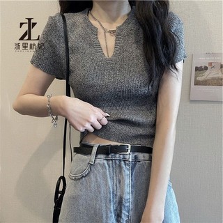 Áo dệt kim ZHELIHANGFEI ngắn tay cổ chữ V ôm dáng xinh xắn thời trang