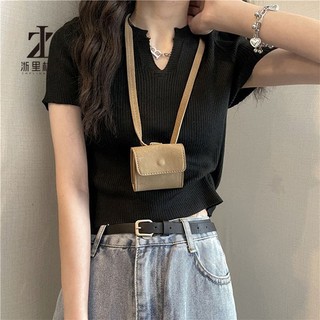 Áo dệt kim ZHELIHANGFEI ngắn tay cổ chữ V ôm dáng xinh xắn thời trang