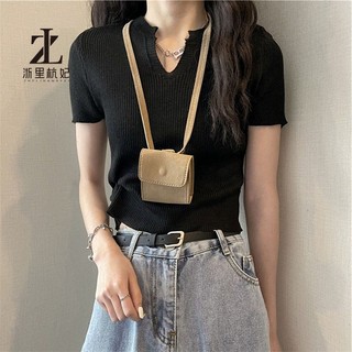 Áo dệt kim ZHELIHANGFEI ngắn tay cổ chữ V ôm dáng xinh xắn thời trang