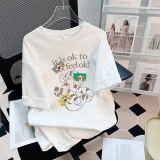 Áo thun cotton tay ngắn dáng suông in họa tiết dễ phối đồ phong cách Hàn Quốc thời trang cho nữ