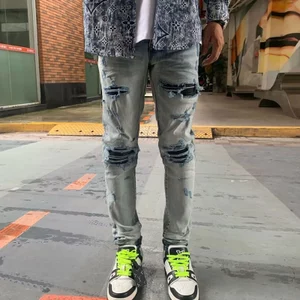 High Street Hợp Thời Trang Và Thời Trang Mới Ánh Sáng Xanh Nam Jeans Rửa, Hoài Cổ Đục Lỗ Miếng Dán Hip Hop Thương Hiệu Đàn Hồi Chất Lượng Cao Slim Fit Jeans