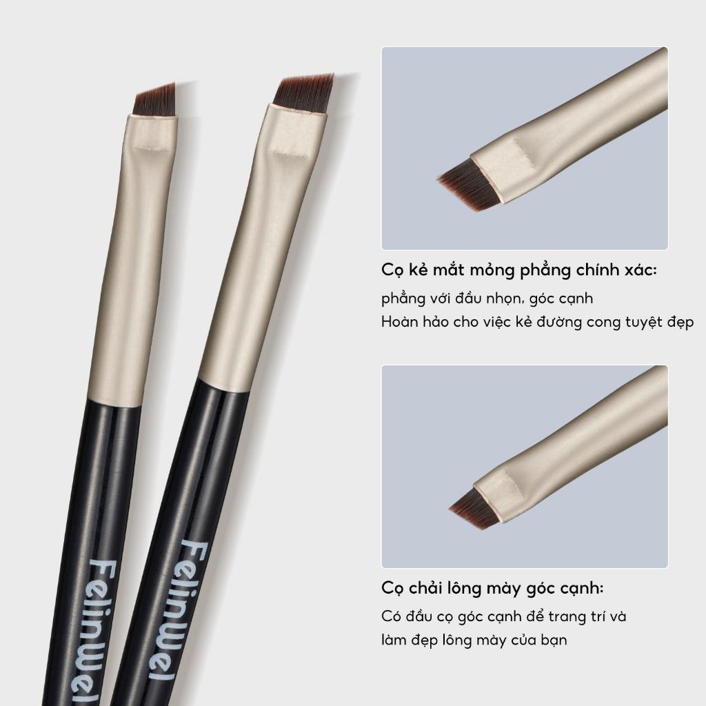 FelinWel - Bộ 2 Cọ Kẻ Lông Mày Góc Cạnh Nhỏ Cho Nữ, Kiêm Cọ Kẻ Mắt Đa Năng, Cầm Tay Tiện Lợi Dễ Tạo Hình